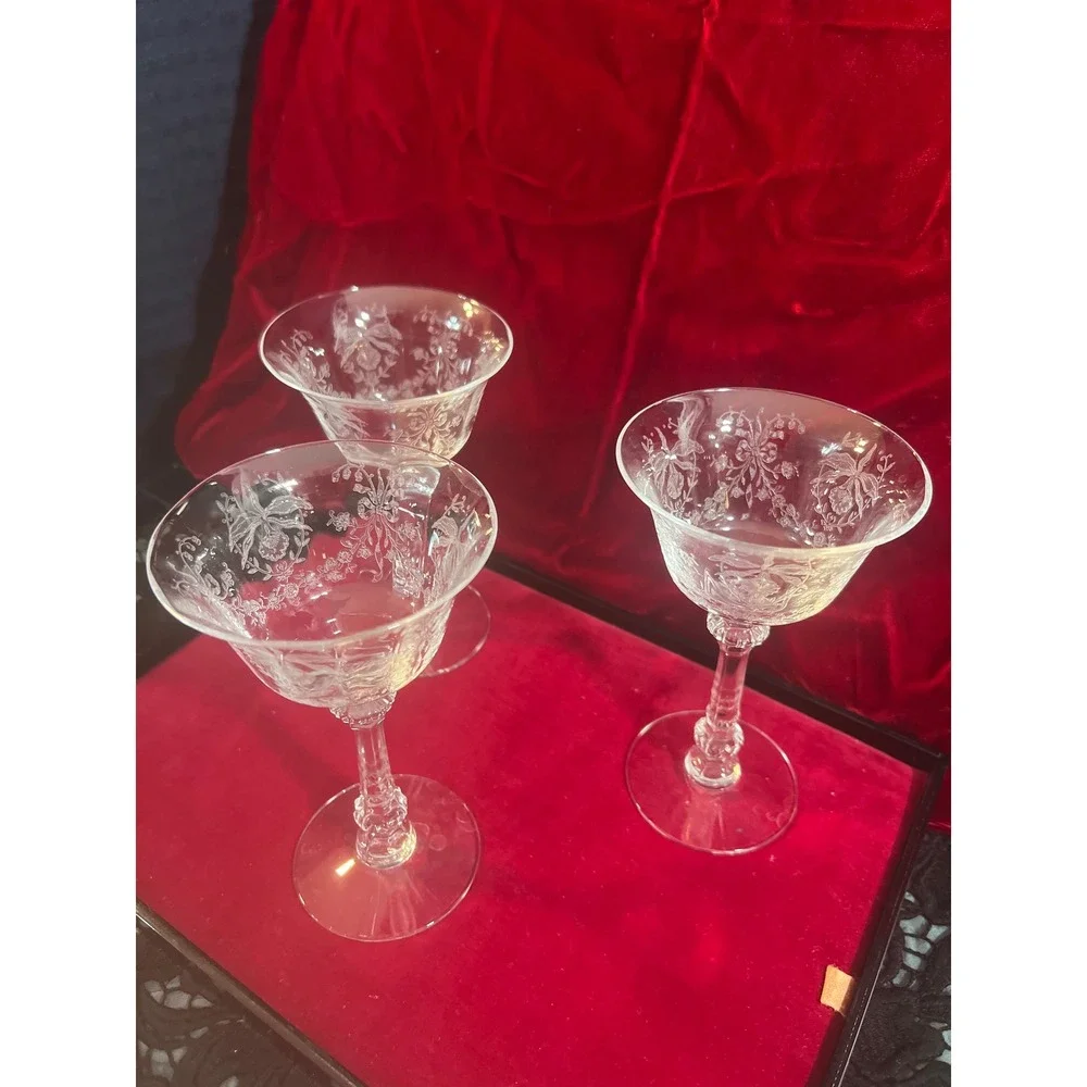 Vintage Fostoria Orchid Etched Crystal‎ Champagne Coupe Glasses Set of 3 5.5